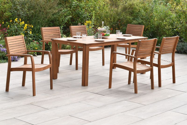 Merxx Batavia Set 7-teilig, 6 Batavia Stapelsessel, 1 rechteckiger Tisch 185 x 90 cm, FSC Akazienholz, 50951-011