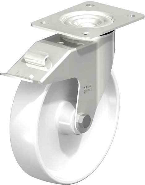 Blickle LEX-PO 200XR-FI Edelstahl-Lenkrolle mit Anschraubplatte & Feststeller, Polyamid, Weiß, 583369