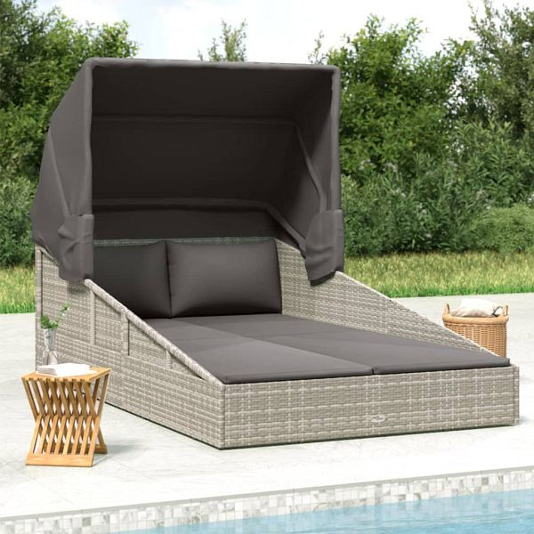 vidaXL Sonnenliege mit Faltdach Grau 200x114x128 cm Poly Rattan, 362274