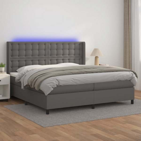vidaXL Boxspringbett mit Matratze & LED Grau 200x200 cm Kunstleder, 3139407
