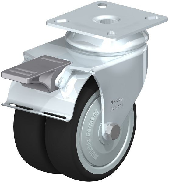 Blickle LDA-PATH 75K-FI-FK Apparate-Doppel-Lenkrolle mit Anschraubplatte & Feststeller, Thermoplastisches Polyurethan, Schwarz, 757036