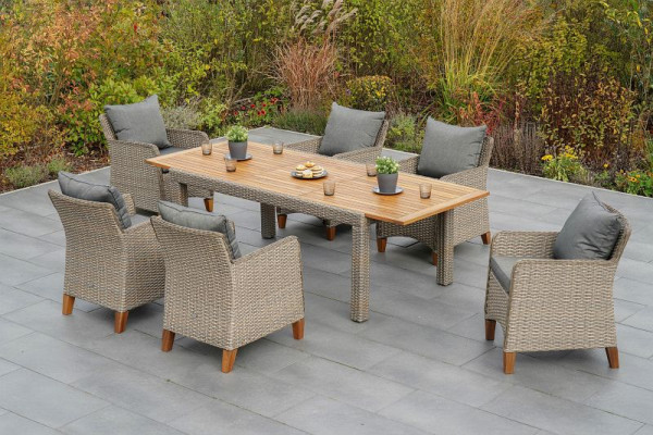 Merxx Avellino Set 7-teilig, 6 Avellino Sessel inkl. Sitzkissen, 1 Ausziehtisch 180 (240) x 100 cm, FSC Akazienholz, 50751-255