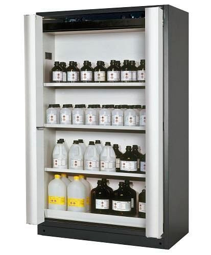 asecos Feuerbeständiger Gefahrstoffschrank Select W-123F, 3 Einlegeböden, Falttüren grau, 233802