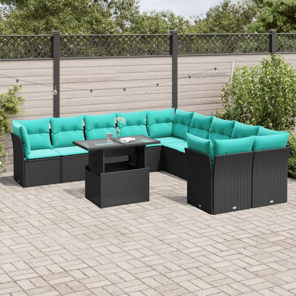 vidaXL 11-teiliges Gartensofa-Set mit Kissen, schwarzes Polyrattan, 3266877