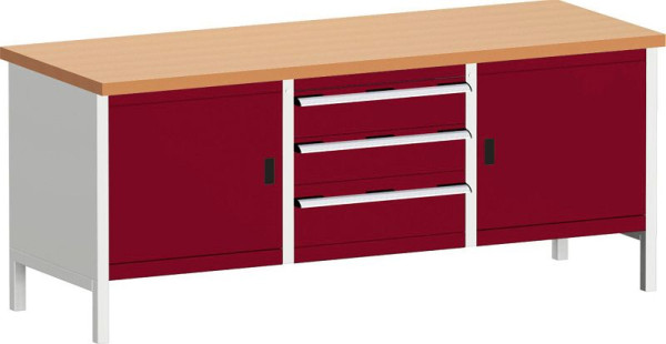 bott cubio Kastenwerkbank mit 3 Schubladen 2 Türen, 2 Ablagen, Rotbuche-Arbeitsplatte BxTxH: 2000 x 750 x 840 mm, RAL 7035/3004, 41002056.24V