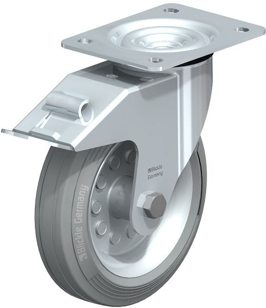 Blickle LE-VE 180R-FI-SG Stahlblech-Lenkrolle mit Anschraubplatte & Feststeller, Vollgummi, Grau, 631002