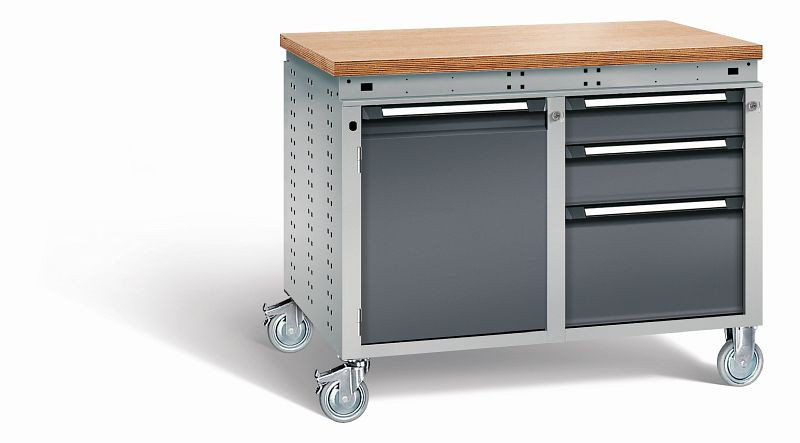 Otto Kind Werkbank Serie function Typ 252 fahrbar, Multiplexplatte 40 mm, bündig, 2x Unterbau, Gehäuse RAL 9006, Front RAL 7016, 07238314S