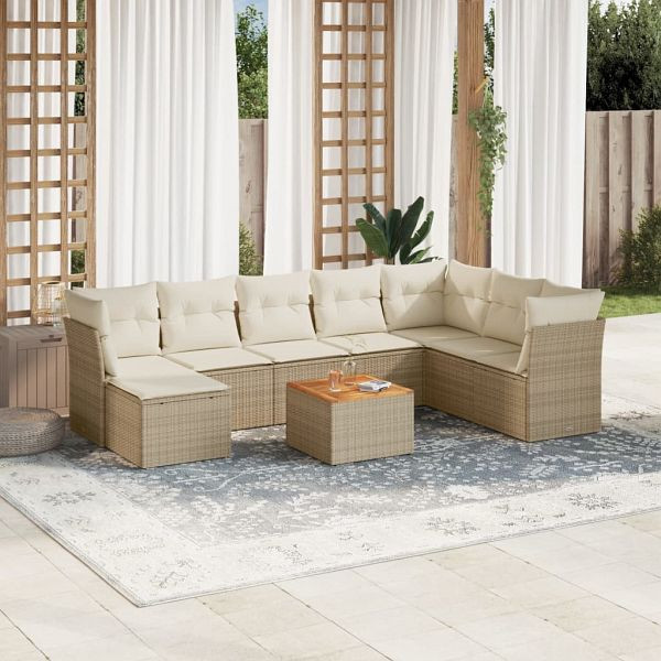 vidaXL 9-teilig Garten-Sofagarnitur mit Kissen Beige Poly Rattan, 3223783