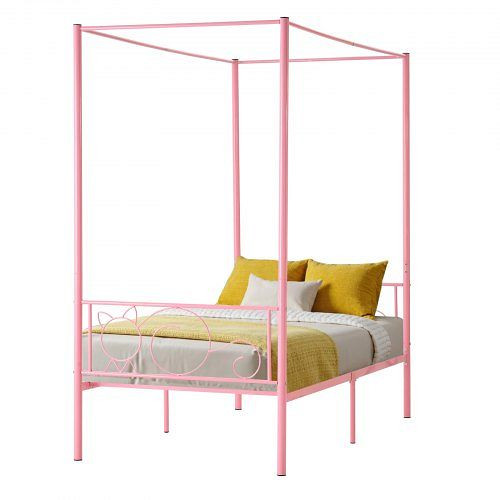 VEVOR Himmelbett Twin Size, Metallrahmen in Rosa, mit Kopfteil & Himmelbett-Design, robuste Stahllatten, Stauraum darunter, HGCJSYGTWINF7OAX3001V0