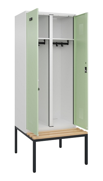C+P Schwarz-Weiß-Spind Evolo PLUS, Bank, 2 Abteile, 2120x800x815mm, 9016/6019, Zylinderschloss, Sitzfläche Buche-Hartholz, Sitzbank, 0490527-22 S10046