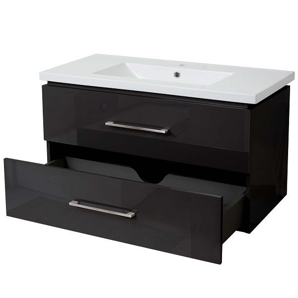 Mendler Premium Waschbecken + Unterschrank HWC-D16, Waschbecken Waschtisch, hochglanz 90cm, schwarz, 62246+62244