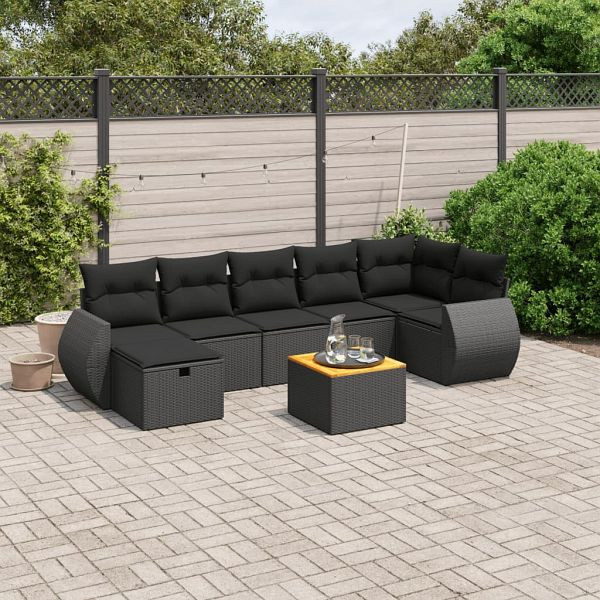 vidaXL 8-tlg. Garten-Sofagarnitur mit Kissen Schwarz Poly Rattan, 3265066