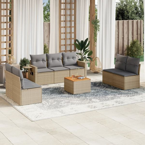 vidaXL 8-teilig Garten-Sofagarnitur mit Kissen Beige Poly Rattan, 3256850