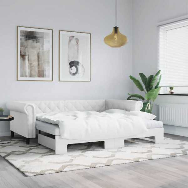 vidaXL Tagesbett Ausziehbar mit Matratzen Weiß 90x200 cm Kunstleder, 3197728