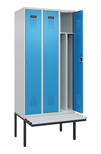 C+P Spind Evolo PLUS, 3 Abteile, 2120x900x815mm, 7035/5012, Haken 4, Zylinderschloss, Material Sitzfläche Kunststoff, 0490407-30F S10088