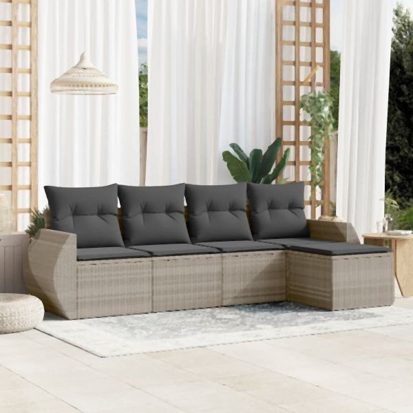 vidaXL 5-tlg. Garten-Sofagarnitur mit Kissen Hellgrau Poly Rattan, 3221291