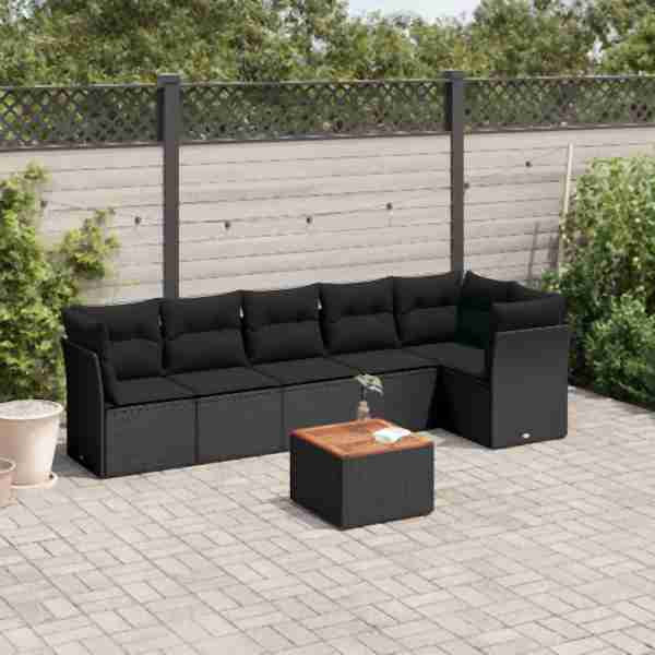 vidaXL 7-tlg. Garten-Sofagarnitur mit Kissen Schwarz Poly Rattan, UV-beständig, 3223647