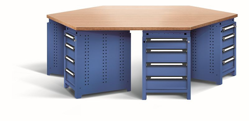 Otto Kind team-work Arbeitsplatz function, mit 6 Unterbauten Typ 107, Schubladen, Multiplexplatte 6-eckig, komplett RAL 5010, 074428013