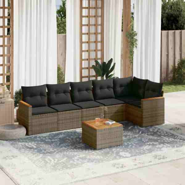 vidaXL 7-tlg. Garten-Sofagarnitur mit Kissen Grau Poly Rattan, UV-beständig, 3258399