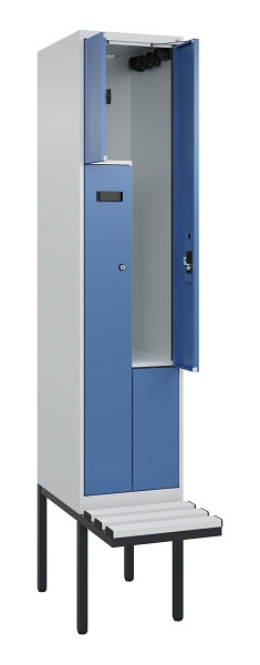 C+P Z-Spind Evolo PLUS, Bank, 2 Fächer, 2120x400x815mm, 7035/5023, Zylinderschloss, Material Sitzfläche Kunststoff, 0490437-122 S10089