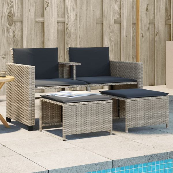 vidaXL Gartensofa 2-Sitzer mit Tisch und Hockern Hellgrau Poly Rattan, 368421