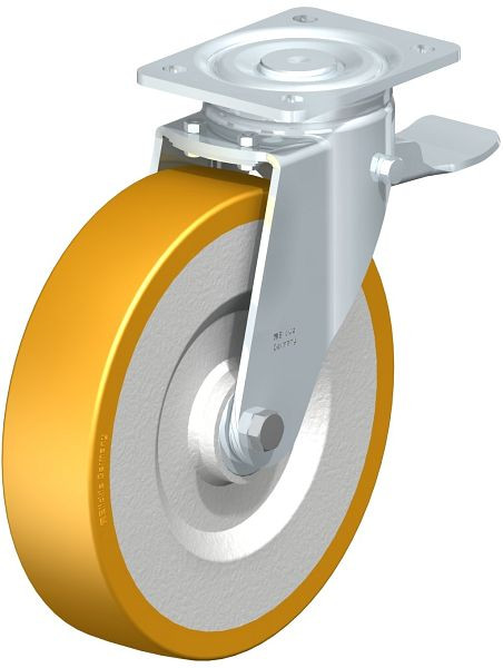 Blickle LH-SETH 250K-ST Stahlblech-Lenkrolle, Schwerlast-Ausführung, mit Anschraubplatte & Feststeller, Blickle Extrathane®, Hellbraun, 51615