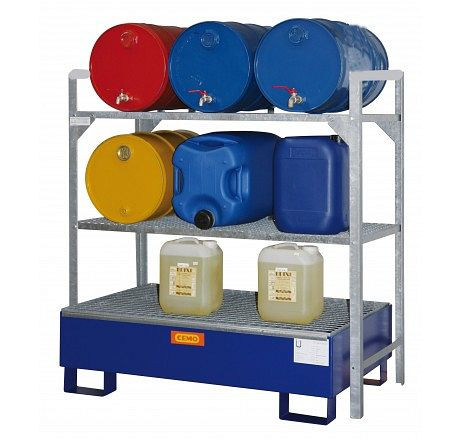 Cemo Fassregal 360 mit Stahl-Auffangwanne SW2 mit Fassauflagen für 6x 60 l Fässer und/oder Kleingebinde, 10253