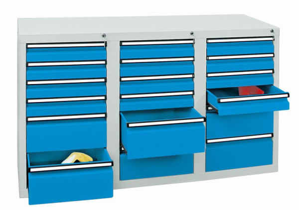 stumpf Schubladenschrank, Breite 150 cm, 100 % Teleskopauszüge, 40 kg / Schublade, 18 Schubladen, lichtgrau / lichtblau, 7103578
