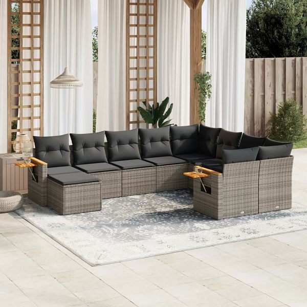 vidaXL 10-teilig Garten-Sofagarnitur mit Kissen Grau Poly Rattan, 3259561