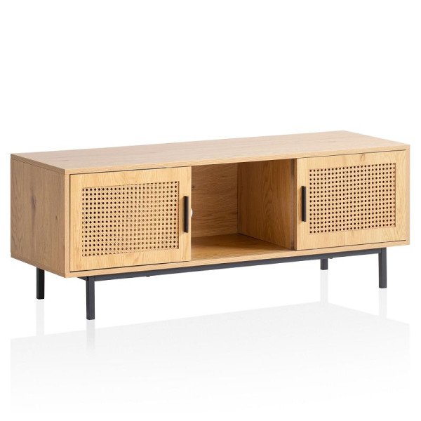 Wohnling Lowboard Eiche-Dekor mit Wiener Geflecht 120x45,5x40 cm TV-Kommode mit Schiebe-Türen, Fernsehkommode Wohnzimmer Rattan, WL6.832