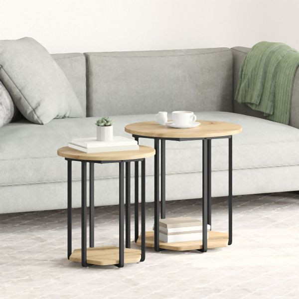 vidaXL Beistelltisch 2er Set Artisan Eiche, Holz und Metall, 869719