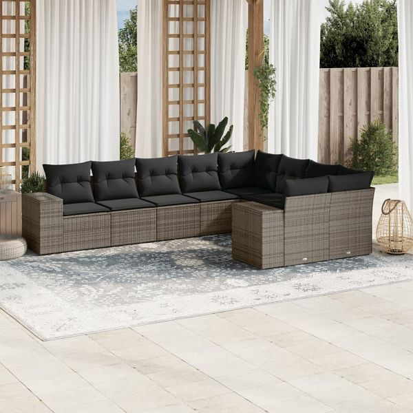 vidaXL 9-teilig Garten-Sofagarnitur mit Kissen Grau Poly Rattan, 3223039