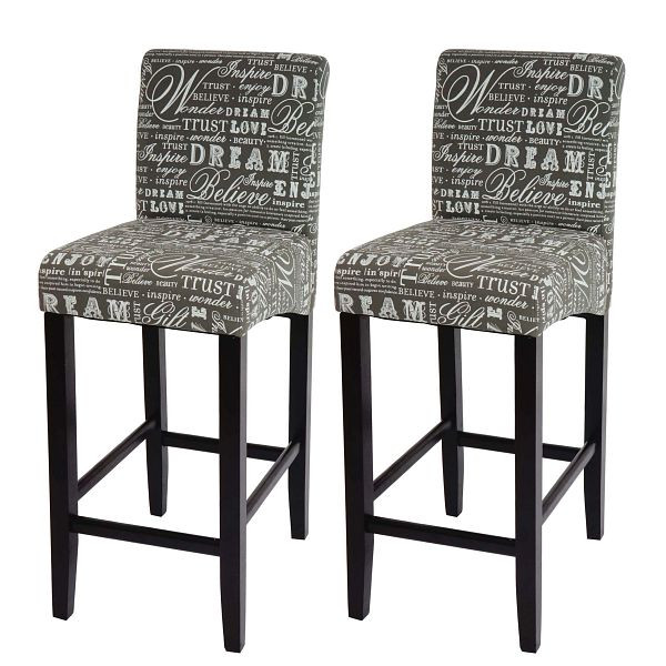 Mendler 2er-Set Barhocker HWC-C33, Barstuhl Tresenhocker, Holz, Schriftzug, grau, dunkle Beine, Stoff/Textil, 33719