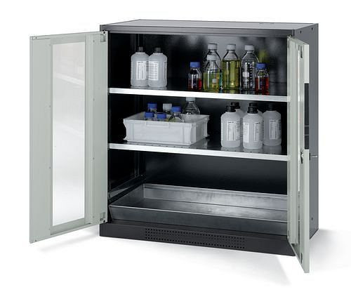 asecos Chemikalienschrank Systema CS-102G, Korpus anthrazit, grau, 2 Einlegeböden und Bodenwanne, 202670