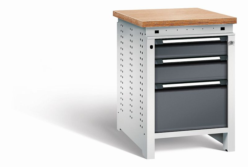 Otto Kind Werkbank Serie function Typ 106, Multiplexplatte, bündig, 3 Schubladen, mit Zentralverschluss, Gehäuse RAL 7035, Front RAL 7016, 072323149