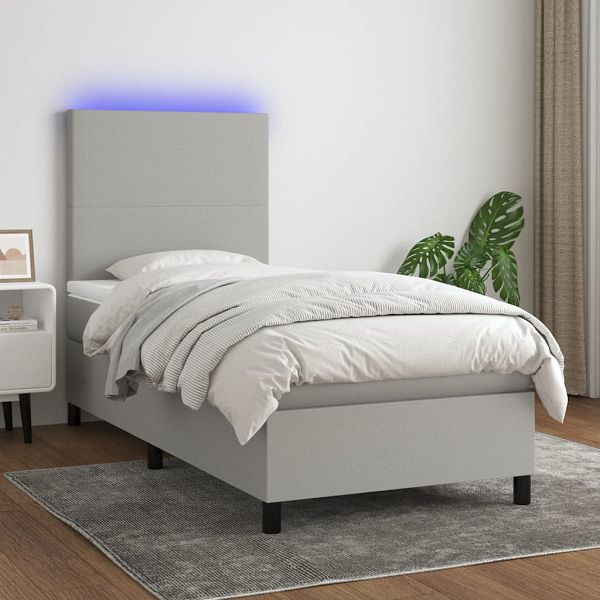 vidaXL Boxspringbett mit Matratze & LED Hellgrau 90x200 cm Stoff, 3134685