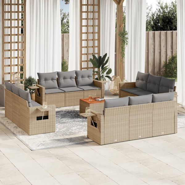 vidaXL 13-teilig Garten-Sofagarnitur mit Kissen Beige Poly Rattan, 3224498