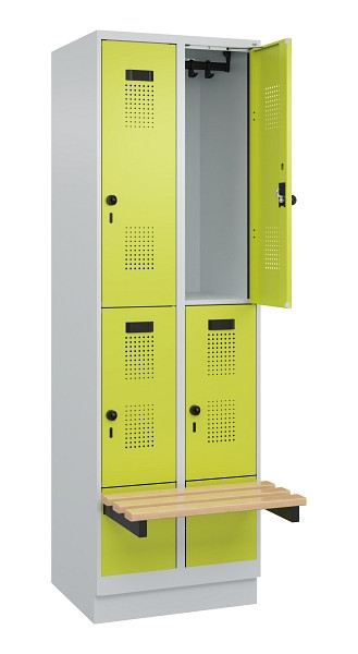 C+P Doppelstock-Spind Evolo PLUS, Bank, 4 Fächer, 1950x600x815mm, 7035/0024, Drehriegel, Sitzfläche Buche-Hartholz, mit Sockel, 049340-20 S10015