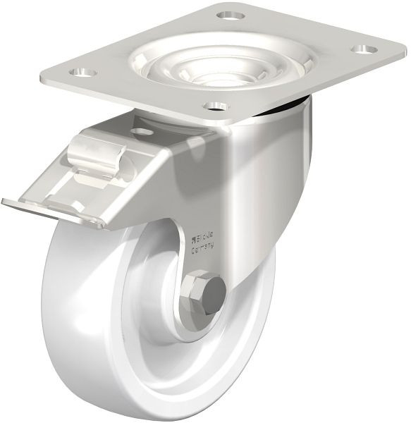 Blickle LKX-SPO 125G-3-FI Edelstahl-Schwerlast-Lenkrolle mit Anschraubplatte & Feststeller, Polyamid, Weiß, 754912