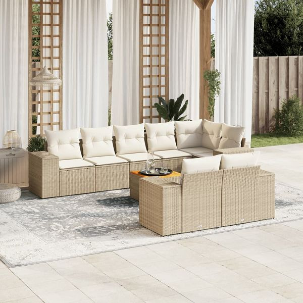 vidaXL 9-tlg. Garten-Sofagarnitur mit Kissen Beige Poly Rattan, 3257864