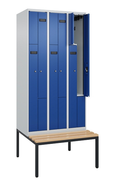 C+P Z-Spind Evolo PLUS, 6 Fächer, 2120x900x815mm, 7035/5010, Zylinderschloss, Material Sitzfläche Buche-Hartholz, Sitzbank, 0490537-306 S10036