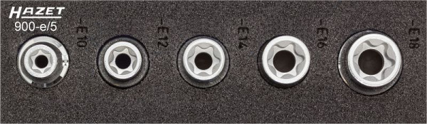 Hazet TORX® Steckschlüsseleinsatz Satz, 1/12, Vierkant hohl 12,5 mm (1/2 Zoll), Außen TORX® Profil, E10 - E18, Anzahl Werkzeuge: 5, 900-E/5