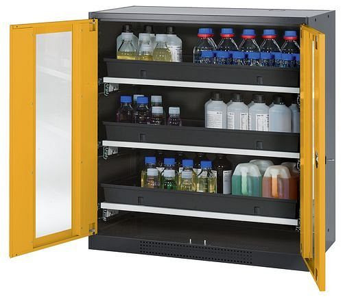 asecos Chemikalienschrank Systema-T CS-103G, Korpus anthrazit, Flügeltüren gelb, 3 Tablarauszüge, 208820