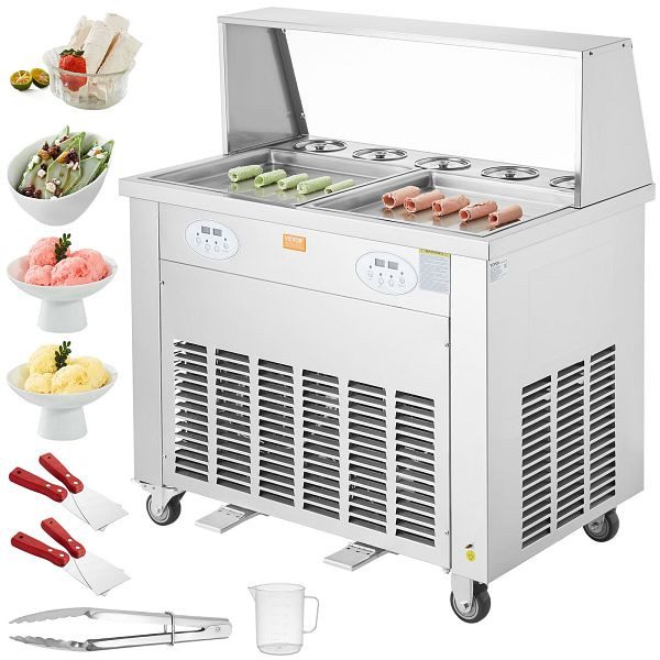 VEVOR Maschine für frittierte Eisrollen, 2x 380 x 380 mm Quadratische Pfannen, Kommerziell aus Edelstahl mit Kompressor und 4 Schabern, SYLDSCBJ1750WLM1YV2