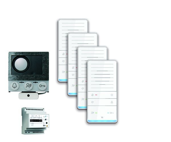 TCS Türkontrollsystem audio:pack Einbau für 4 Wohneinheiten, mit Einbaulautsprecher ASI12000, 4x Freisprecher ISW5031, Steuergerät BVS20, PAIF040/002