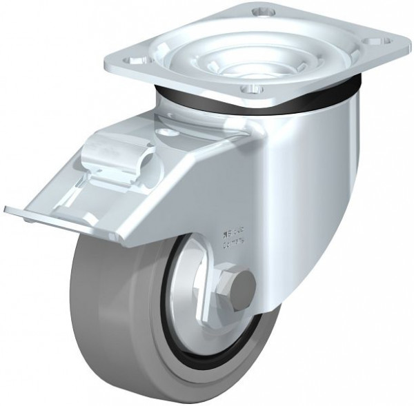 Blickle LK-POEV 100XR-1-FI-SG-FA Stahlblech-Lenkrolle, schwere Ausführung, mit Anschraubplatte & Feststeller, Elastik-Vollgummi, Grau, 850928