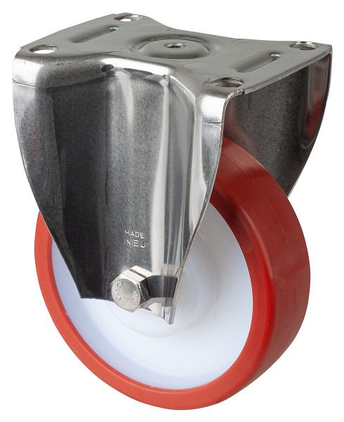 BS Rollen Edelstahl-Schwerlastrolle Bockrolle, Edelstahl, Gleitlager Polyurethanrad rot, Anschraubplatte, Durchmesser 150 mm, HS110.B27.151