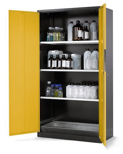 asecos Chemikalienschrank Systema CS-103, Korpus anthrazit, gelb, 3 Einlegeböden und Bodenwanne, 202607