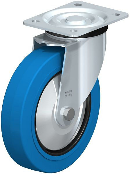 Blickle L-POEV 200K-SB-FA Stahlblech-Lenkrolle, mittelschwere Ausführung, mit Anschraubplatte, Elastik-Vollgummi, Blau, 749373