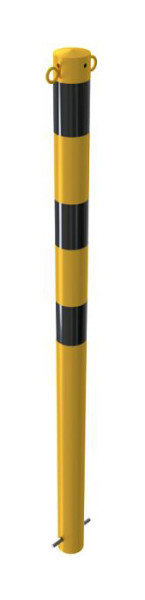 Schake Absperrpfosten Stahlrohr Ø 76 x 2,6 mm gelb / schwarz, ortsfest, zum Einbetonieren mit Erdanker, mit 2 Ösen, 476BG/2